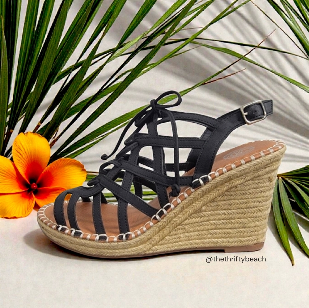 SO Ketch Black Lace-Up Jute Platform Wedge Espadrille Sandals